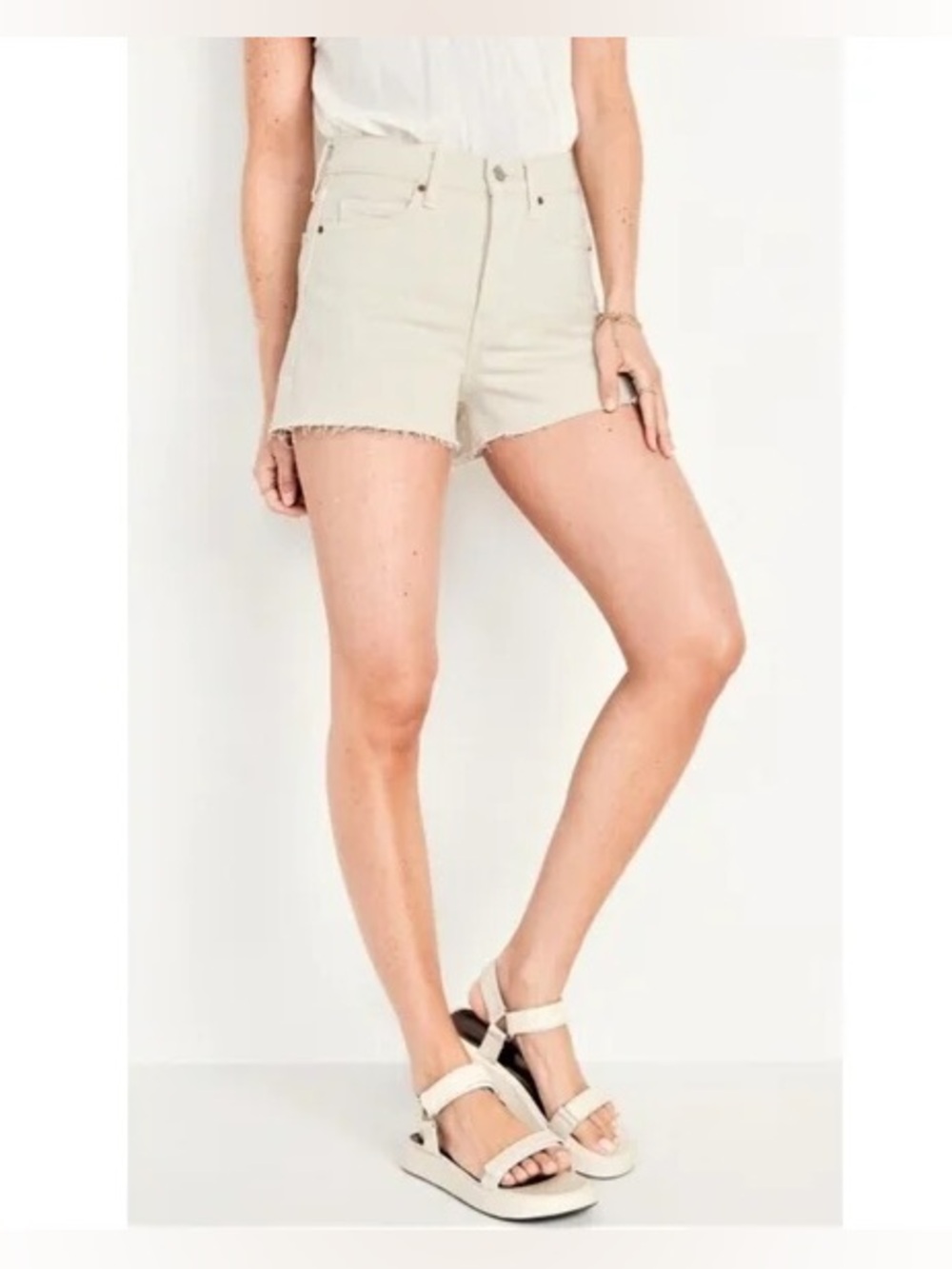 Higher High-Waisted Button-Fly Sky-Hi A-Line Ecru Cut-Off Jean Shorts